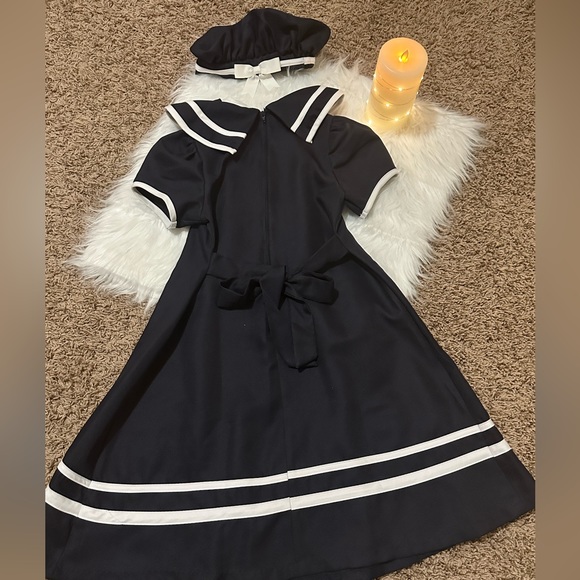 Nautical Navy Blue Dress with White Bow 👧 - Picture 2 of 9